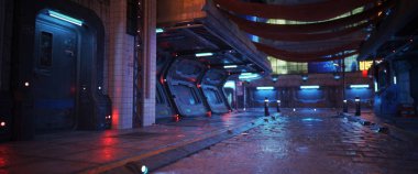 Neon aksanlı kentsel şehir retro fütüristik arka damla arka plan. Neo-noir tarzı 3d render.