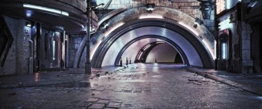 Neon aksanlı kentsel şehir retro fütüristik arka damla tünel arka plan. Neo-noir tarzı 3d render.