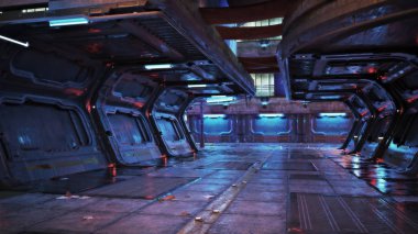 Kentsel şehrin fütüristik arka planında neon aksanlı bilim kurgu koridoru var. 3d oluşturma.