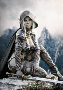 Fantezi bir kapüşonlu siyah elf kadın savaşçının portresi. Beyaz uzun saçlı ve uzak arkaplanlı dağlarla yüksek bir kayanın üzerinde duran bir kılıçla donatılmış. 3d canlandırma Fantezi illüstrasyonu