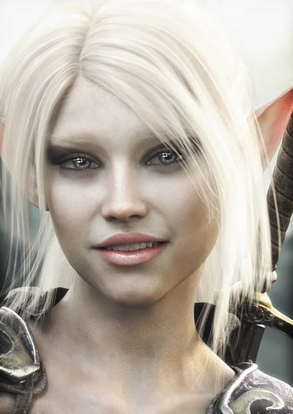 Close Portrait Adorable Fantasy Warrior Female Elf Character White Hair — Stock Photo, Image