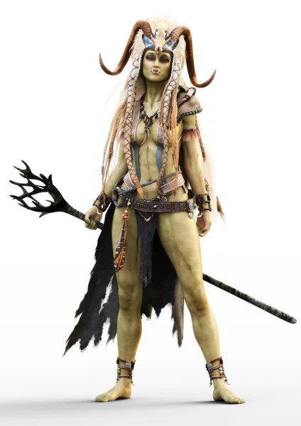 Porträtt Fantasi Kvinnlig Orc Shaman Med Personal Och Infödda Outfit — Stockfoto