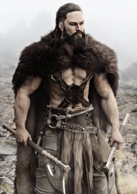 İskandinavya 'dan gelen Viking İskandinavya akıncısı elinde sakallı baltalar vatanını savunmak için savaşa hazır bekliyor. 3d oluşturma