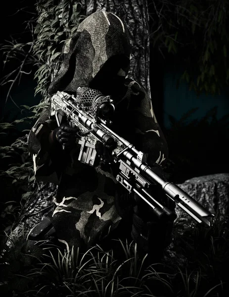 カモフラージュされた軍の狙撃兵が厚い森林地帯で静かに待っている 3Dレンダリング — ストック写真