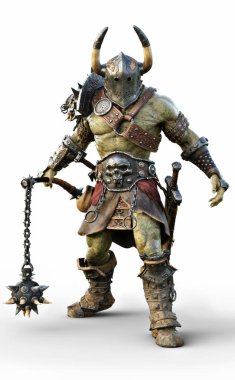 Vahşi Ork Canavarı geleneksel zırh giyiyor ve yelkenli ile donatılmış. Beyaz arka planda fantezi temalı bir karakter. 3d Hazırlama