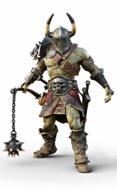 Savage Orc Brute wearing traditional armor and equipped with a flail  . Fantasy themed character on an white background. 3d Rendering clipart