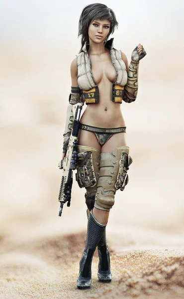 Portret Futurystycznej Sci Fińskiej Żołnierki Krótkimi Brązowymi Włosami Ubranej Seksowny — Zdjęcie stockowe