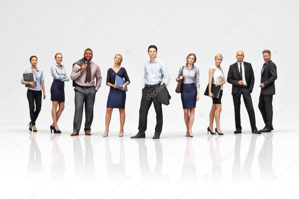 Business team concept. Group of diverse adult business professionals standing casually in a studio setting. 3d rendering