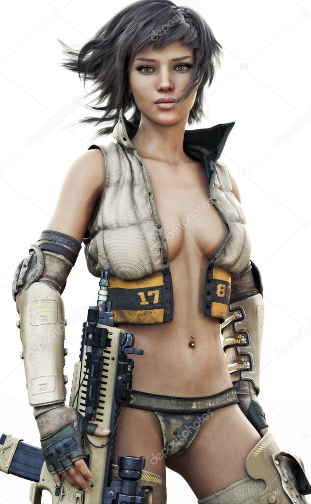 Portrait of a futuristic sci fi female soldier with short brown hair wearing sexy military attire with a rifle at her side. 3d rendering on a white background