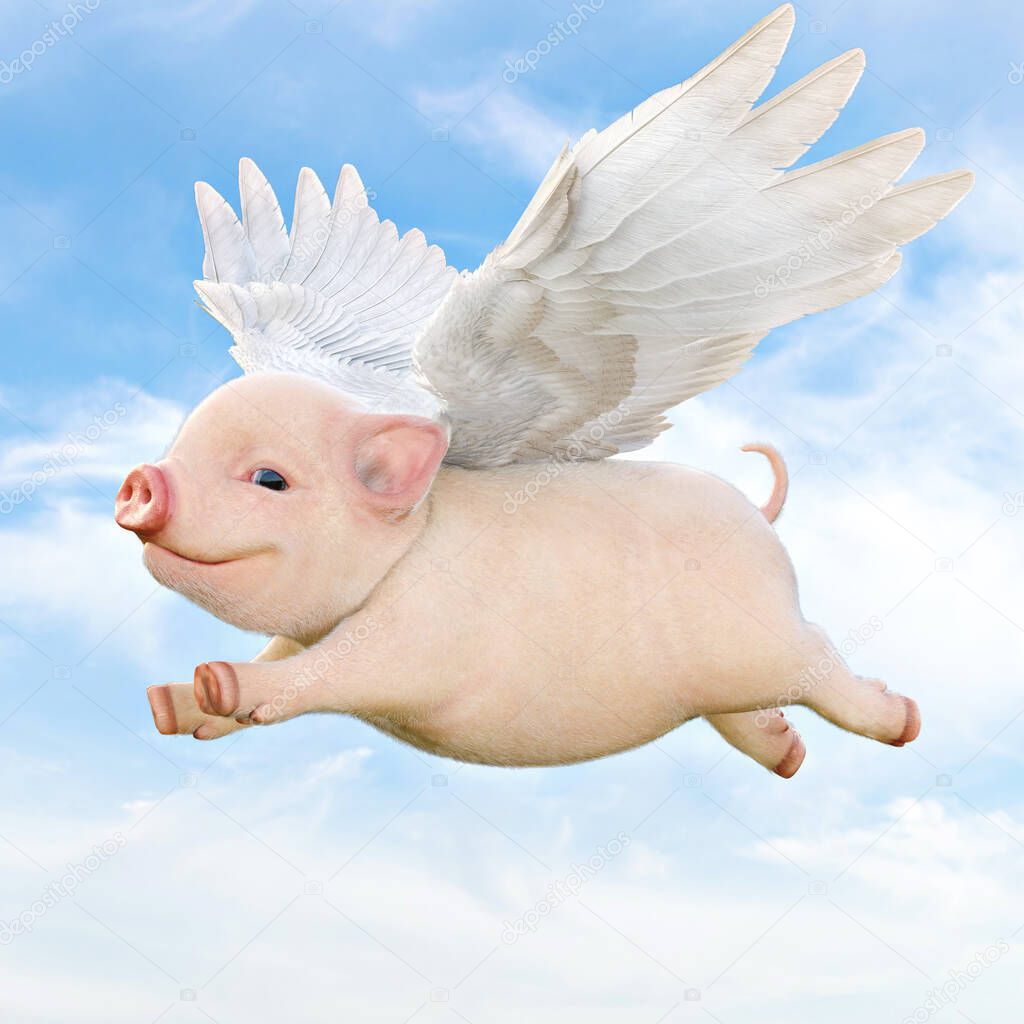 When pigs fly concept. Cute little piggy with wings flying through the air. 3d rendering