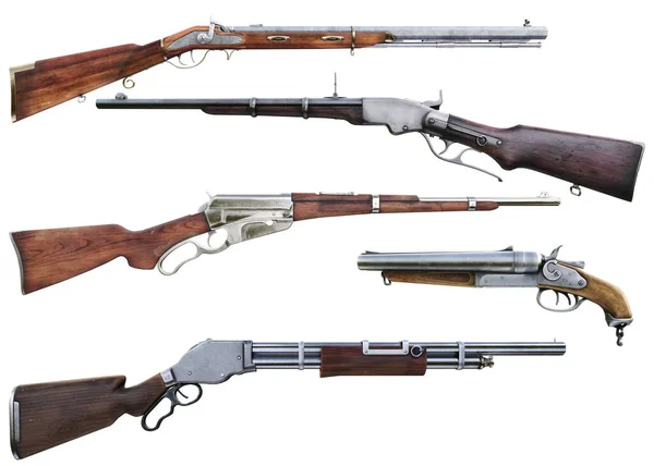 Western Cowboy Rifle Shotgun Booster Pack Coleção Armas Sortidas Fundo — Fotografia de Stock