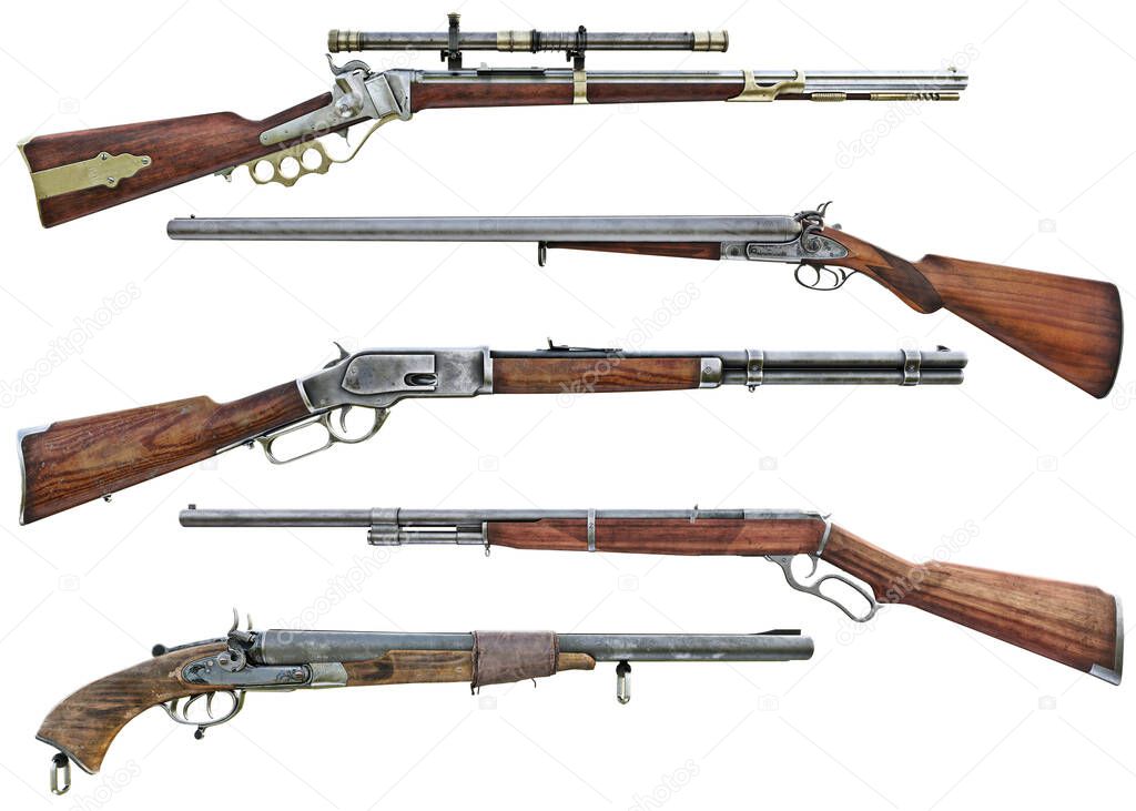 Western cowboy rifle and shotgun booster pack collection of assorted weapons on an isolated white background . 3d rendering