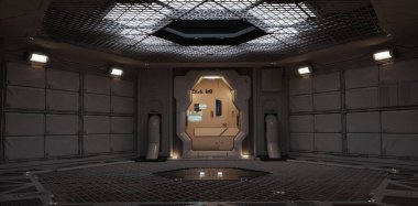 Fütürist arka fon bilim kurgu koridoru odası, açık aksanlı. 3d oluşturma.