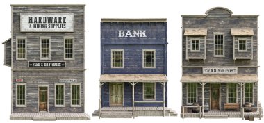 Batı kasabası destek paketi. İzole edilmiş beyaz arka planda yüksek çözünürlüklü binaların toplanması. Hırdavat, ticaret merkezi ve banka. 3d oluşturma