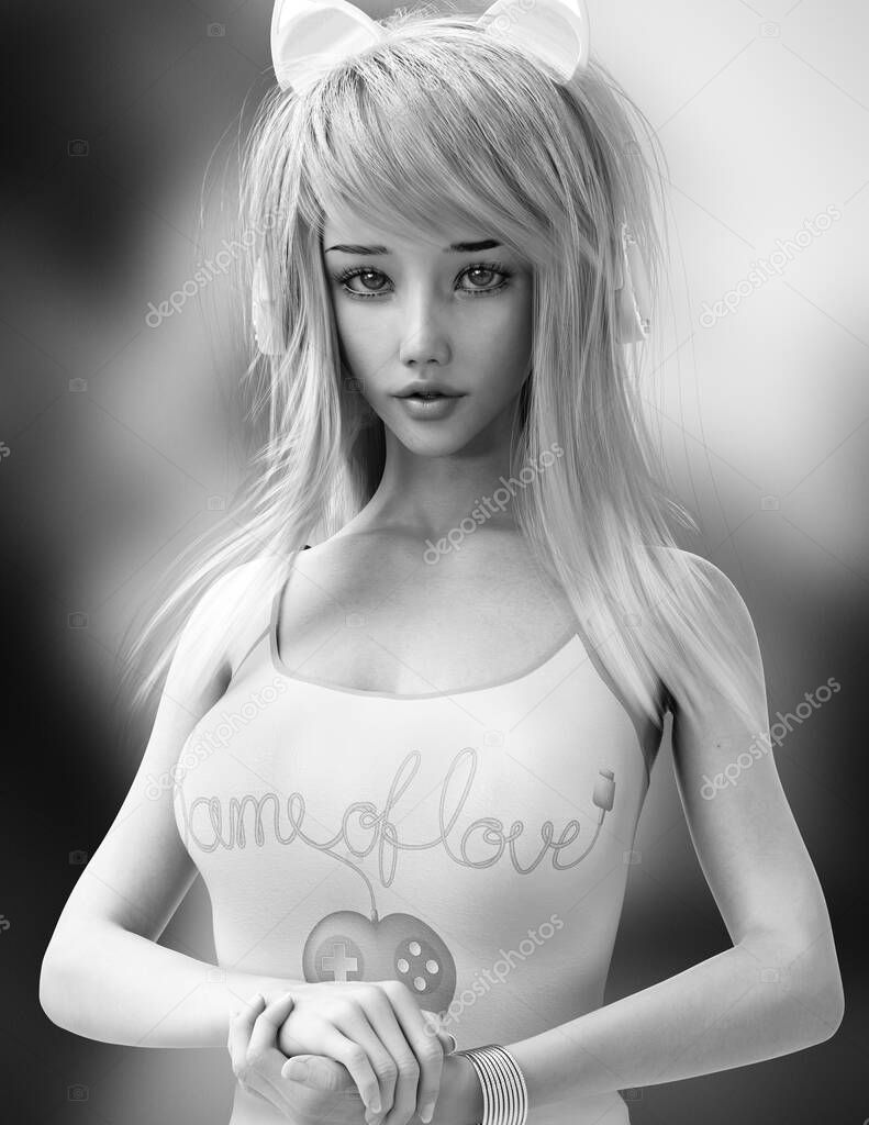 Portrait of a Asian gamer girl wearing gaming attire and stylish kitty cat headphones . 3d rendering in black and white