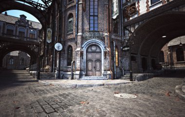 İnşaat geçmişi olan Steampunk tarzı şehir sokakları. 3d oluşturma