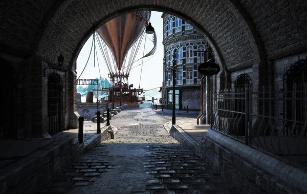 Steampunk Stílusú Városi Utcák Kilátással Egy Alagúton Keresztül Egy Léghajó — Stock Fotó