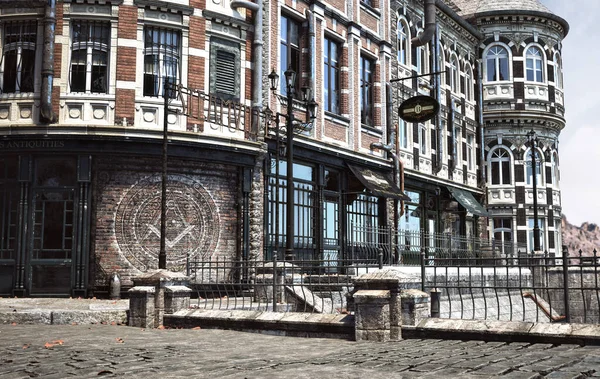 Ruas Cidade Estilo Steampunk Com Fundo Construção Renderização — Fotografia de Stock