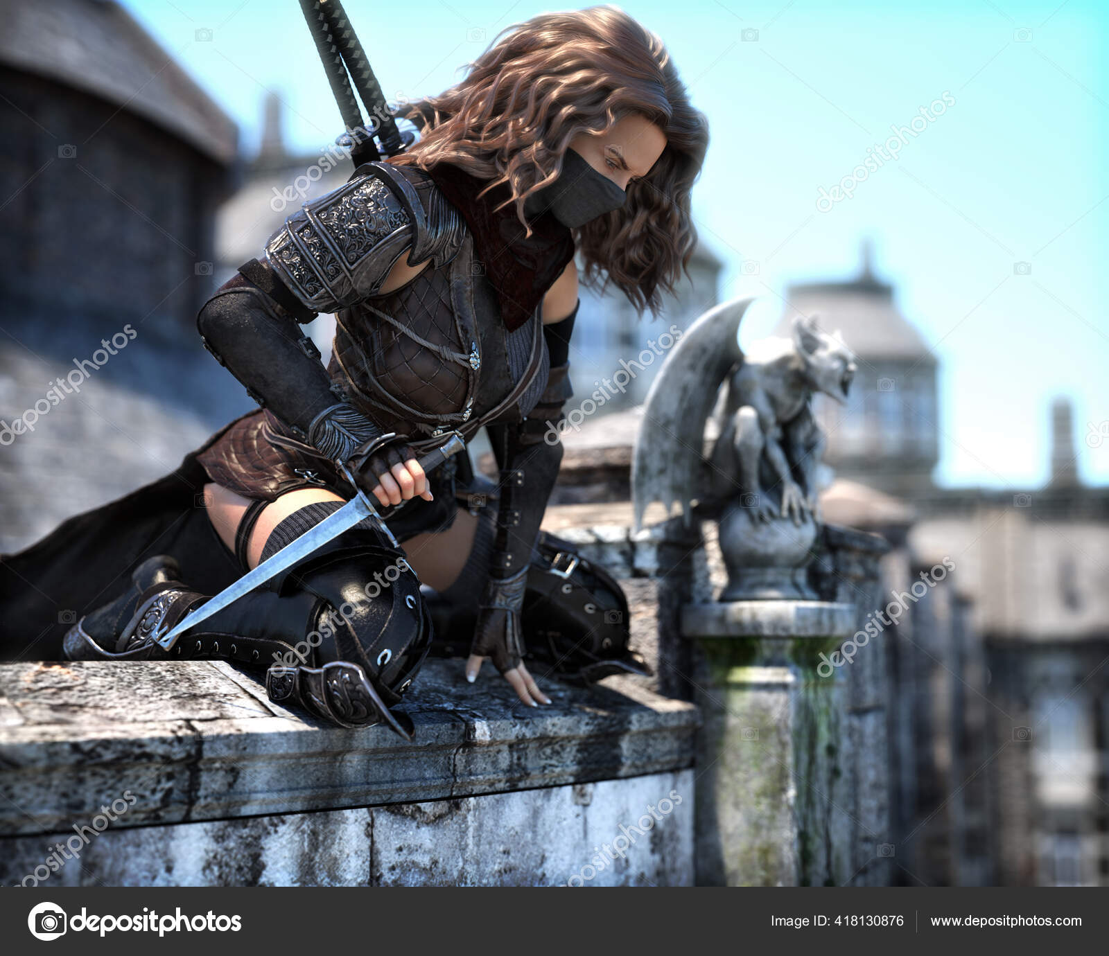 Mysterious Masked Rogue Assassin Female Position High Rooftops Looking Her Photo by ©digitalstorm 418130876