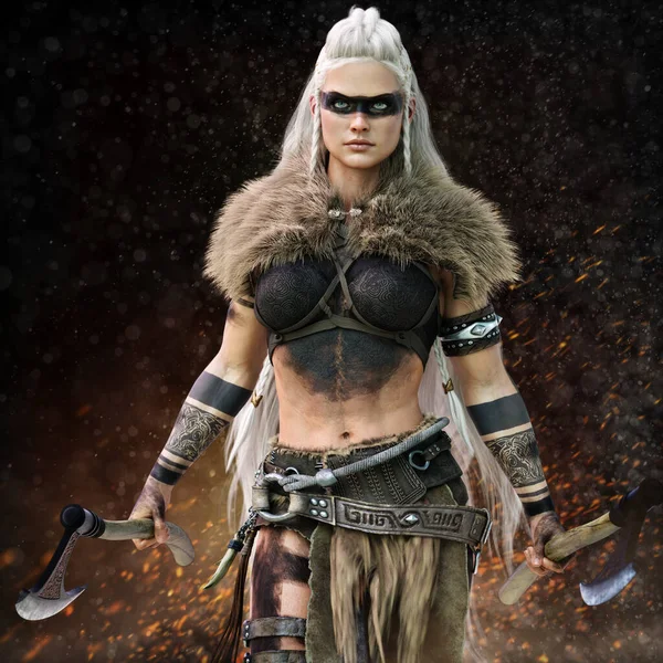Fierce Viking warrior female walking through the battlefield wielding duel bearded axe\'s wearing tribal paint markings and tattoo\'s . 3d rendering