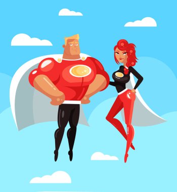 Man and woman superheroes flying in sky. World protection comic book concept. Vector flat cartoon design graphic isolated illustration clipart