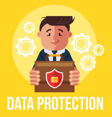 İşadamı office işçisi karakter holding evrak çantası kilitli. Kişisel verileri koruma kavramı. Vektör düz çizgi film tasarım grafik illüstrasyon