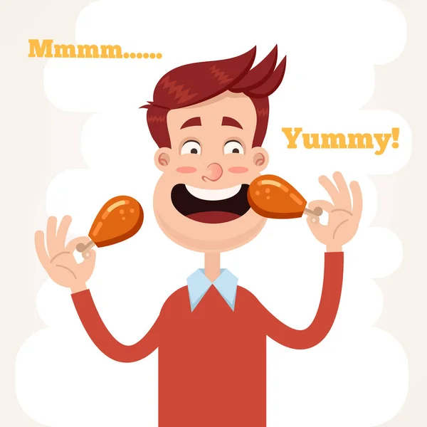 快乐的微笑男人的性格持有鸡腿和吃 快餐概念 矢量平面卡通设计图形隔离插图 — 图库矢量图片