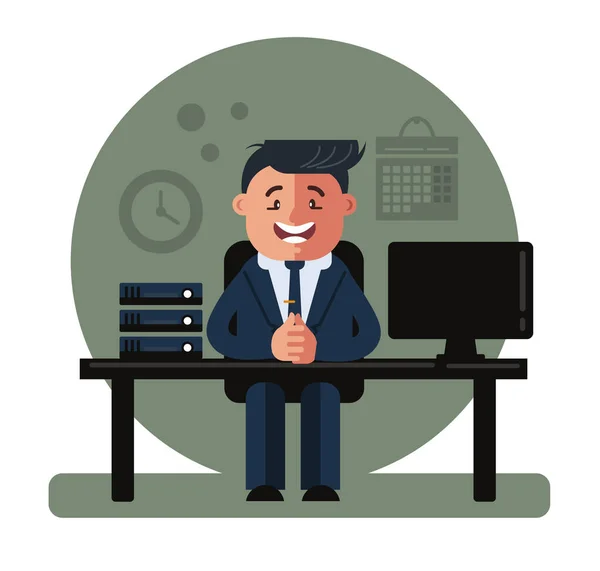 Feliz Trabajador Oficina Sonriente Jefe Gerente Banco Consultor Personaje Sentado — Vector de stock