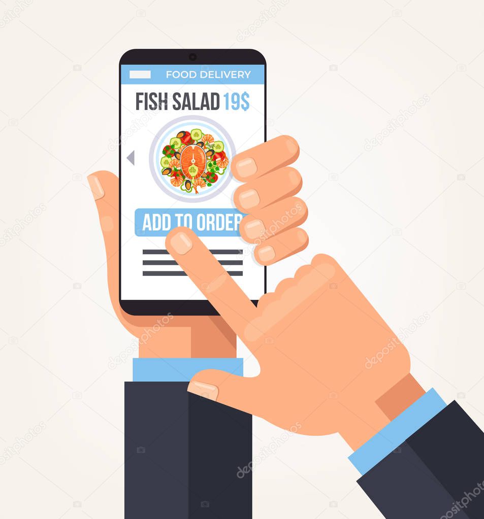 Man consumer making order pushing hand button on smartphone. Food delivery online website service concept. Vector flat cartoon design graphic isolated illustration