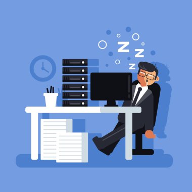 Yorgun tembel office çalışan işadamı Yöneticisi karakter işyerinde uyuyan. Zor iş kavramı. Vektör düz çizgi film izole grafik tasarım çizim