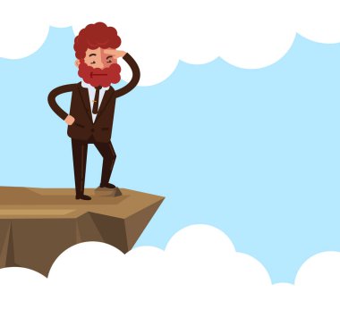 Rock kenarında duran ve gelecekteki arıyor işadamı office çalışan Yöneticisi adam karakter. Yeni proje kavramı planlama başlangıç başlangıç. Vektör düz çizgi film izole grafik tasarım çizim