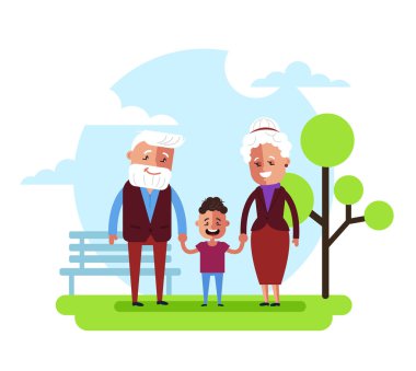 Büyükanne ve büyükbaba büyükanne ve torunu ile kamu parki küçük çocuk karakterimde yürüyüş ve elele gülümseyen mutlu. Aile ilişki kavramı. Vektör düz çizgi film izole grafik tasarım çizim