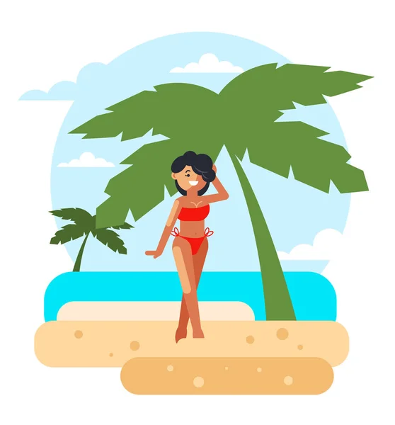 Glücklich Lächelnde Frauenfigur Bikini Entspannen Beim Spazierengehen Strand Unter Palmen — Stockvektor