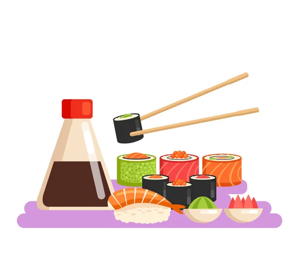 Set Rollos Sushi Fresco Con Wasabi Jengibre Salsa Soja Palillos — Archivo Imágenes Vectoriales