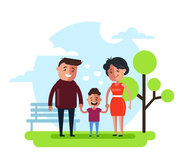 Feliz Familia Sonriente Madre Padre Hijo Niño Caminando Parque Público — Vector de stock