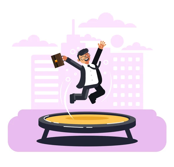 Happy Smiling Businessman Office Worker Character Jumping Trampoline Success Business — Stock Vector