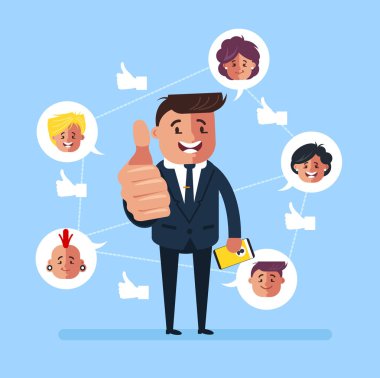 Mutlu gülümseyen iş adamı office çalışan adam karakter görme sembolü iyi duygular çok seviyor yaşasın alırsınız. Sosyal ağ medya toplum modern teknoloji sorunları. Vektör düz çizgi film izole grafik tasarım çizim
