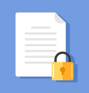 Kağıt liste belge kilit ile. Kişisel veri bilgi koruma kavramı. Vektör düz çizgi film izole grafik tasarım çizim