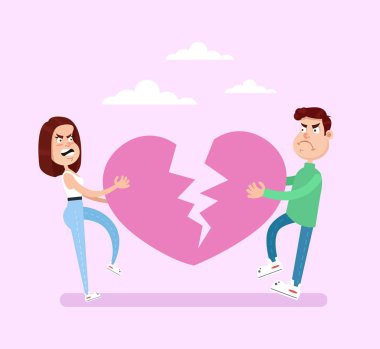İki kişi kişi erkek ve kadın kocası karısı erkek kız çekme kalp ve kırık. Boşanma ilişki aşk romantizm ucuna ayrılık kavramı. Vektör düz çizgi film izole grafik tasarım çizim 