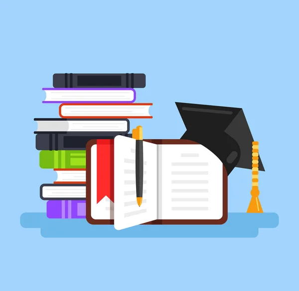 Pilha Estoque Livro Livro Aberto Com Chapéu Educação Pós Graduação — Vetor de Stock