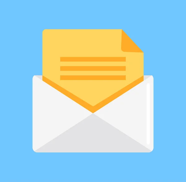 黄色い紙の中に白い封筒をオープン 配信はポストのオンライン電子メール メール文書ニュースレター インターネット通信の概念です ベクトル フラット漫画グラフィック デザイン要素の分離アイコン — ストックベクタ