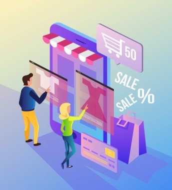 Erkek ve kadın insanlar tüketiciler internet web sitesi smartphone ekran tarafından seçimi bez karakter. Online alışveriş dijital app modern teknoloji iş. Vektör düz çizgi film kavramı afiş illüstrasyon izole