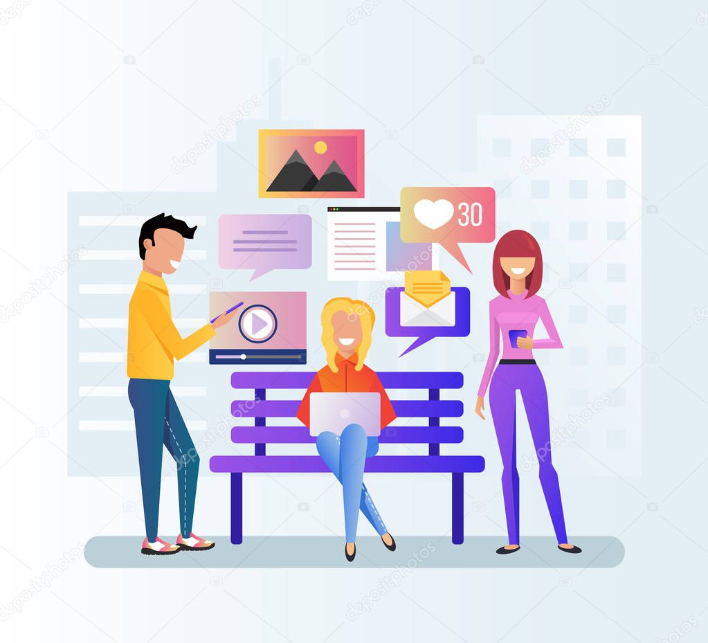 Group of people teen man and woman character discussion by internet laptop and smartphone. Online communication device digital modern technology social media network. Vector flat cartoon isolated concept banner illustration
