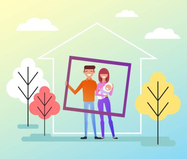 Mutlu aile üyeleri koca, karısını ve çocuğunu karakter ayakta house yakınındaki birlikte gülümseyen. Yeni genç aile için sosyal yardımlar. Vektör düz izole illüstrasyon karikatür