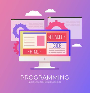 Web development programming coding concept. Virtual windows on laptop computer screen. Vector flat cartoon isolated illustration clipart svg vector 