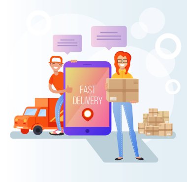 Mutlu gülümseyen adam kurye karakter karton kutu paket paket kadın müşteriye vermek. Online web Internet smartphone e-ticaret iş kavramı emriyle. Vektör düz izole illüstrasyon karikatür