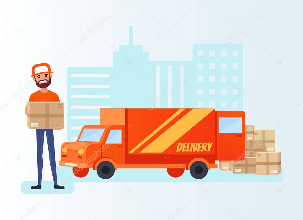 Happy smiling man courier standing near delivery car and holding carton box parcel package. Fast delivery company business concept. Vector flat cartoon isolated illustration