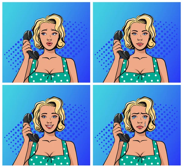 Pin Hasta Viejo Estilo Retro Mujer Hablando Teléfono Sintiendo Diferentes — Vector de stock
