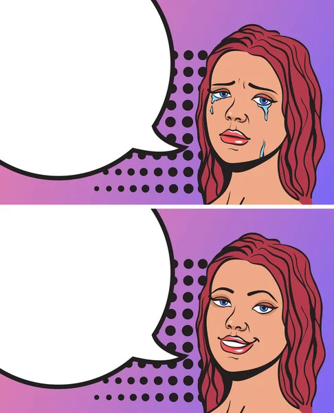 Young Woman Girl Character Crying Smiling Retro Comics Style Emoji — Stock Vector