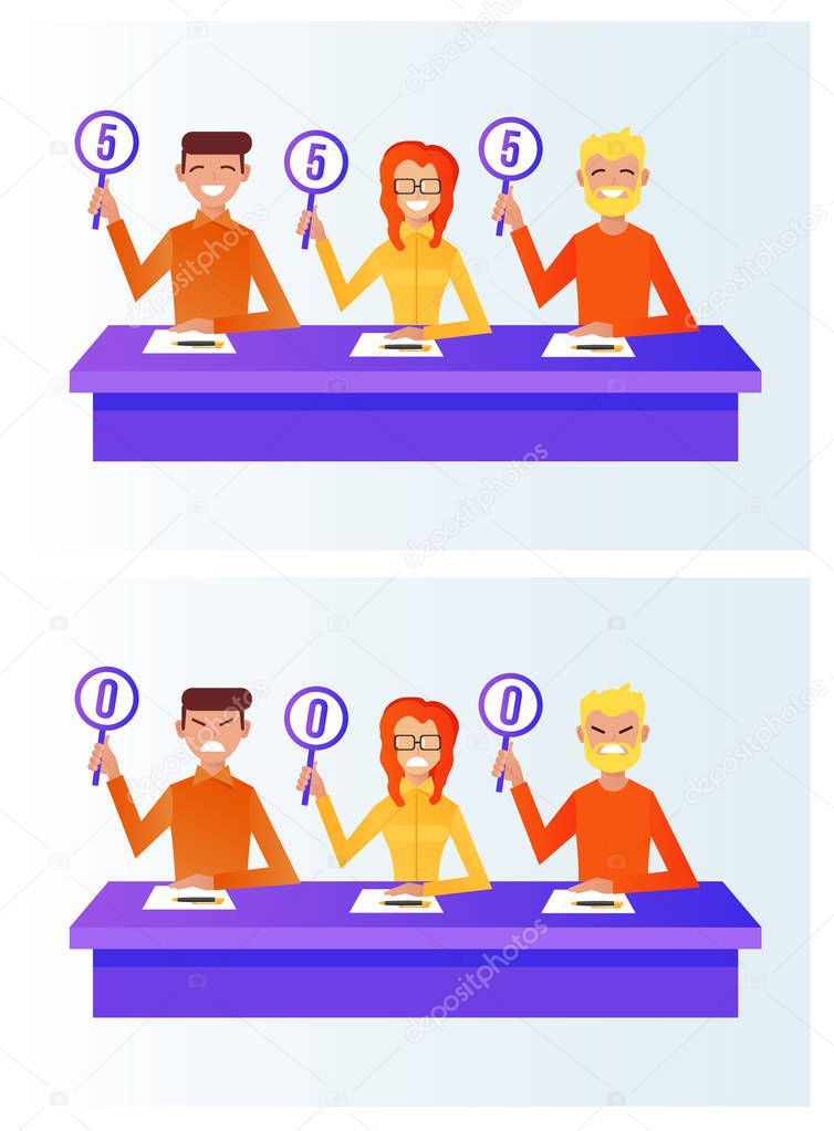 Jury judges people professional team sitting on table and voting holding cards with numbers result. Competition jury good and bad assessments emotions vector isolated flat graphic design illustration